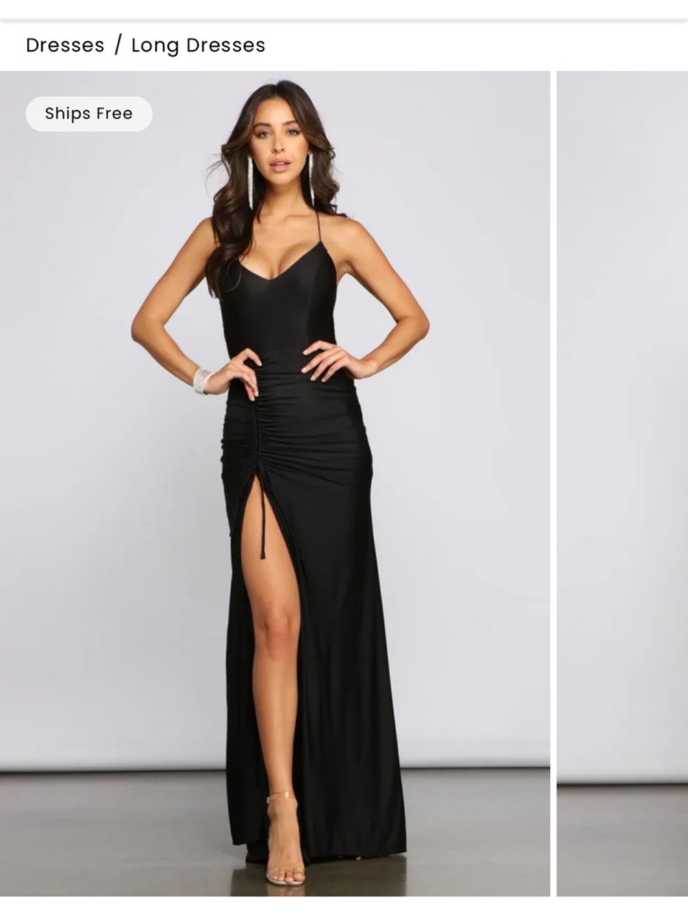 Windsor Black Ruched Spaghetti-Strap Maxi Dress with Side Slit